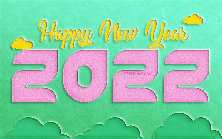 4k, 2022 pink cut digits, Happy New Year 2022, turquoise paper backgrounds, 2022 concepts, 2022 new year, abstract nature backgroud, 2022 on paper background, 2022 year digits