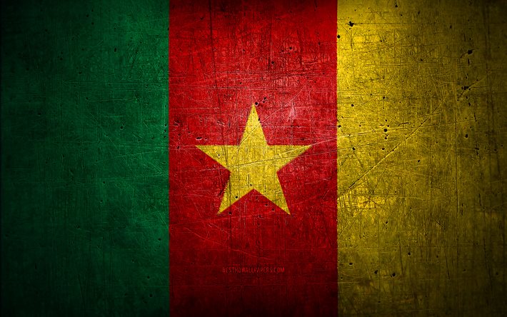 Kamerun metallflagga, grungekonst, afrikanska l&#228;nder, Kamerunns dag, nationella symboler, Kamerun flagga, metall flaggor, Afrika, Kamerun