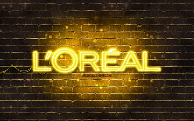 Loreal yellow logo, 4k, yellow brickwall, Loreal logo, brands, Loreal neon logo, Loreal