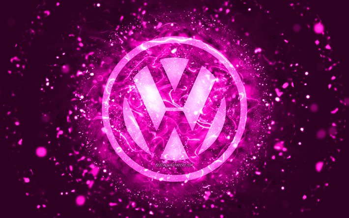 Volkswagen viola logo, 4k, luci al neon viola, creativo, viola sfondo astratto, logo Volkswagen, marche di automobili, Volkswagen