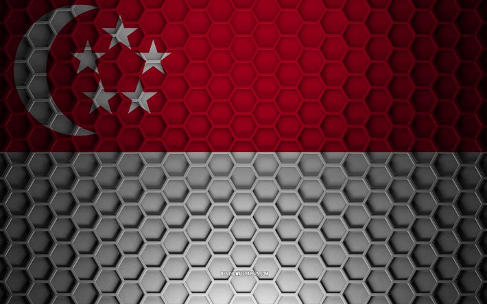 Singapore flag, 3d hexagons texture, Singapore, 3d texture, Singapore 3d flag, metal texture, flag of Singapore