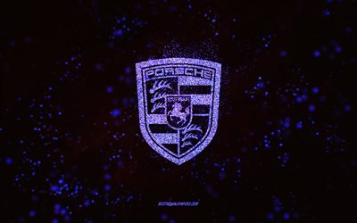 Porsche glitter logo, 4k, black background, Porsche logo, purple glitter art, Porsche, creative art, Porsche purple glitter logo
