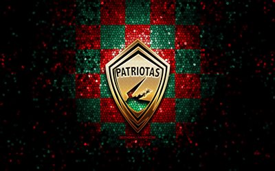 Patriotas FC, parıltılı logo, Kategori Primera A, kırmızı yeşil damalı arka plan, futbol, Kolombiyalı Futbol Kul&#252;b&#252;, Patriotas logo, mozaik sanatı, Patriotas Boyaca, Kolombiya Futbol Ligi