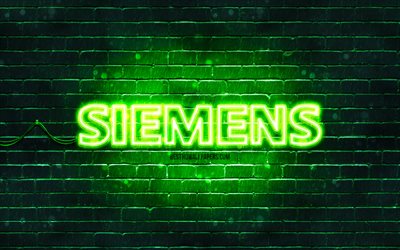 Siemens gr&#246;n logotyp, 4k, gr&#246;n tegelv&#228;gg, Siemens logotyp, m&#228;rken, Siemens neonlogotyp, Siemens