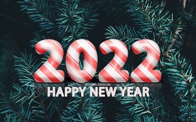 4k, 2022 3D candy digits, Happy New Year 2022, Christmas 2022, сhristmas tree backgrounds, 2022 concepts, 2022 new year, 2022 on fir-tree background, 2022 year digits