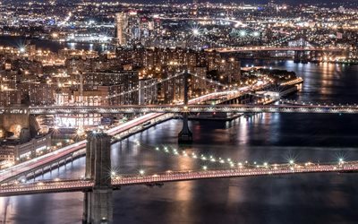 por la noche, Nueva York, Brooklyn, Williamsburg Puentes de Manhattan