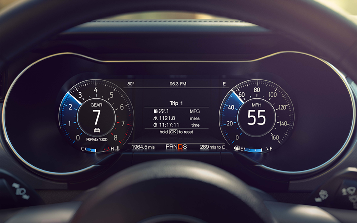 Ford Mustang, 2018, dashboard, modern technology, Mustang speedometer, tachometer