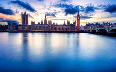 Westminster Palace, darkness, Big Ben, River Thames, England, UK