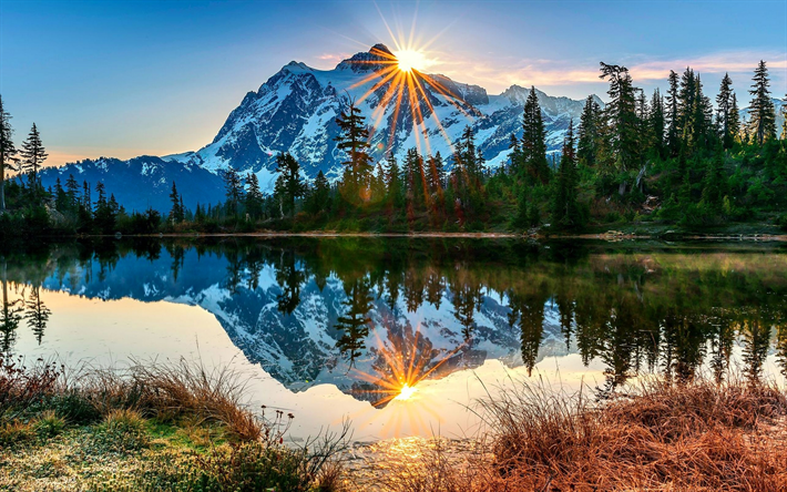 Amerikassa, Mount Baker, tulivuori, river, sunset, Washington, USA