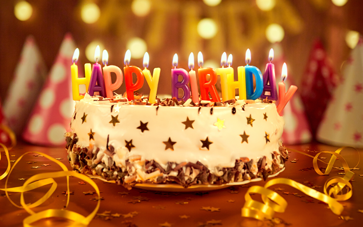 Mutlu Yıllar, 4k, doğum g&#252;n&#252; pastası, mumlar, parti, akşam, kek