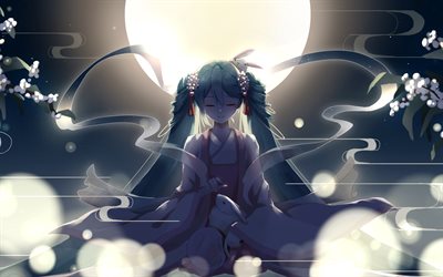 Hatsune Miku, kimono, artwork, Vocaloid, moon, Miku Hatsune, manga