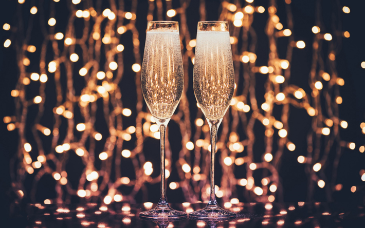 Glasses with champagne, holiday, evening, lights, New Year, champagne, glasses