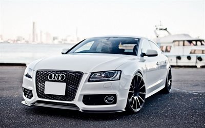 Audi A5, white sports coupe, front view, exterior, German cars, tuning A5, Audi