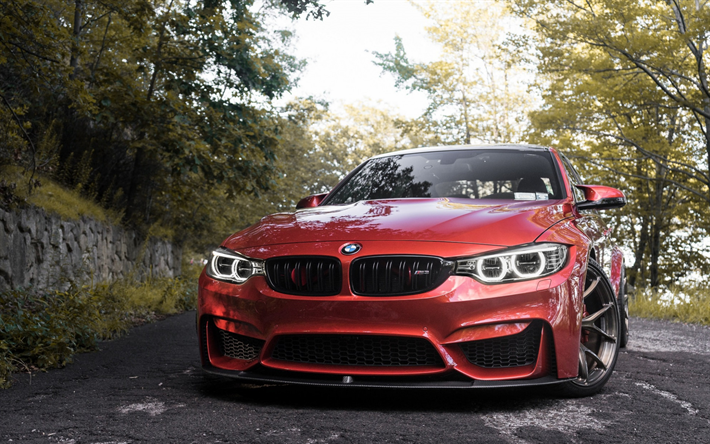 El BMW M3, 2018, exterior, vista de frente, &#193;ngel, rojo M3 F80, la optimizaci&#243;n de M3, de los coches alemanes, BMW