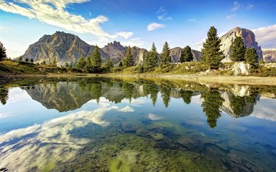 lago de montanha, manh&#227;, nascer do sol, floresta, &#225;rvores, Dolomitas, It&#225;lia