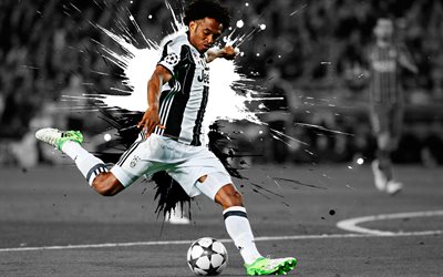 Juan Cuadrado, 4k, art, white black splashes of paint, Juventus FC, Colombian football player, grunge art, creative, Turin, Serie A, Italy, football
