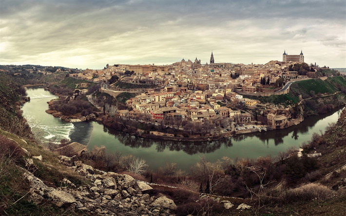 Toledo, vackra spanska staden, h&#246;st, river, kv&#228;ll, h&#246;sten landskap, Spanien