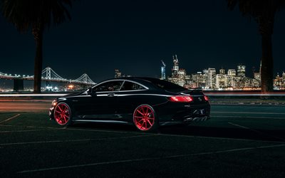Mercedes-Benz S63 AMG, Coupe, rear view, black luxury coupe, tuning S63, red wheels, German cars, Mercedes