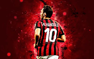Hakan Calhanoglu, AC Milan, back view, turkish footballer, Rossoneri, soccer, Serie A, Calhanoglu, neon lights, Milan FC