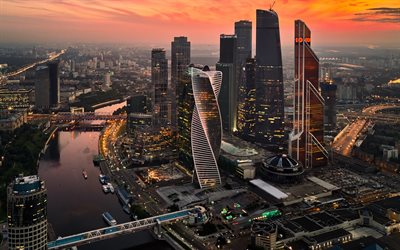 Moscow City, sunset, modern buildings, cityscapes, Russia, skyscrapers, Moscow