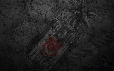 Besiktas FC, black stone, logo, Super Lig, Turkish football club, football, gray background, Besiktas JK, Istanbul, Turkey