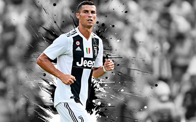 Cristiano Ronaldo, 4k, art, white black uniform, CR7, portrait, Juventus FC, Portuguese football player, white black splashes of paint, grunge art, Serie A, Italy, football