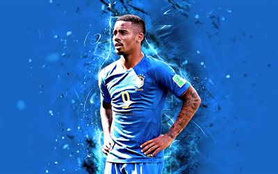 Gabriel Jesus, blue uniform, Brazilian football team, soccer, Jesus, footballers, neon lights, Brazil National Team
