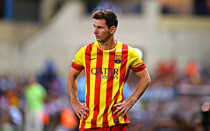 Lionel Messi, FC Barcelona, colors of Catalonia, Argentinian footballer, Spain, La Liga, football, Catalonia, red yellow uniform