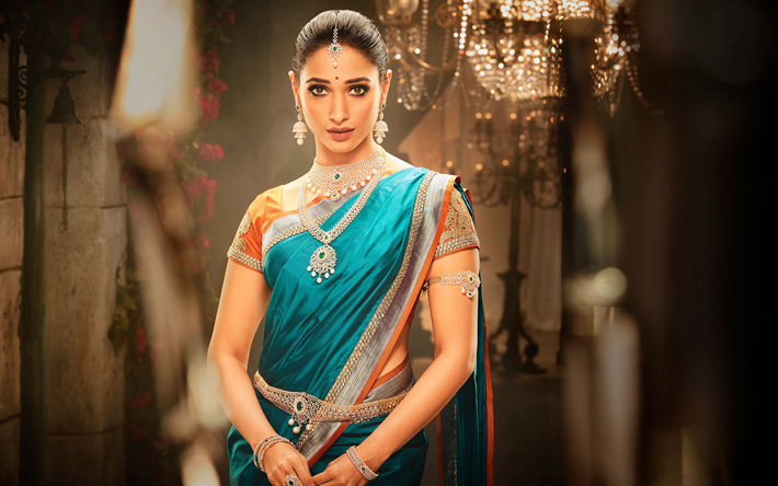 4k, Tamannaah Bhatia, sari, la actriz india, Bollywood, la belleza, la Tamannaah, morena, sesi&#243;n de fotos