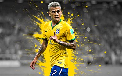 Dani Alves, 4k, Brazilian footballer, portrait, yellow blue splashes of paint, blond, art, Brazil national football team