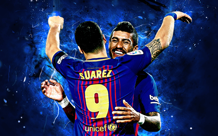 Luis Suarez, Paulinho, meta, estrelas do futebol, O Barcelona FC, A Liga, Suarez, Barca, futebol, luzes de neon, LaLiga