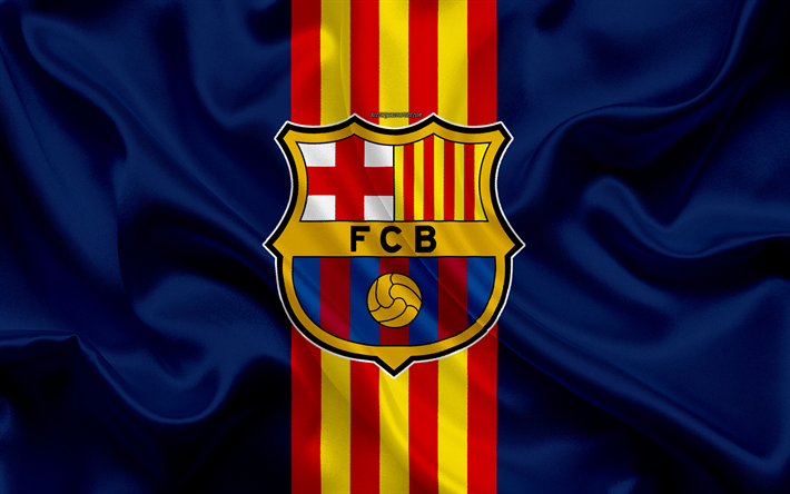 Le FC Barcelone, 4k, Catalan, club de football, drapeau bleu, soie, texture, les couleurs de la Catalogne, l&#39;embl&#232;me, le logo, La Liga, Espagne