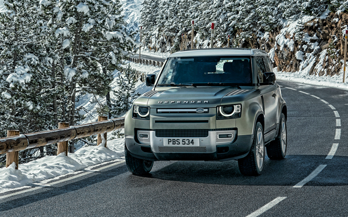 Land Rover Defender, 2020, L663, exterior, front view, new SUV, new gray Defender, British cars, Land Rover