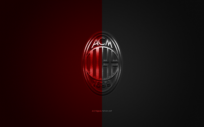 AC Milan, İtalyan Futbol Kul&#252;b&#252;, Serie, kırmızı siyah logo, kırmızı siyah karbon fiber arka plan, futbol, Milan, İtalya, AC Milan logosu