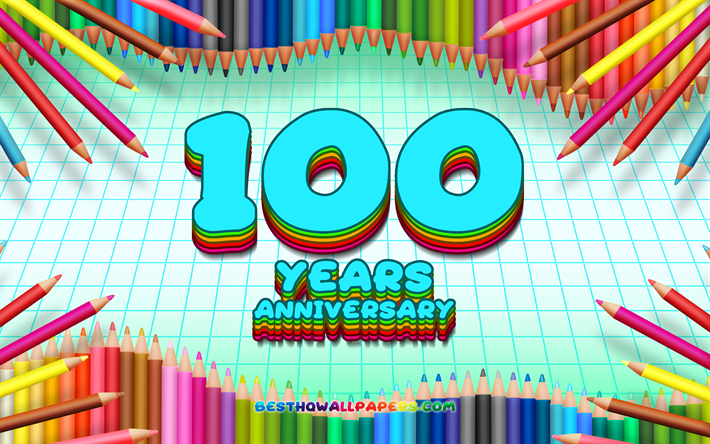 4k, 創業100周年記念サイン, 色鉛筆をフレーム, コンセプト, 青チェッカーの背景, 創業100周年, 創造, 100年記念