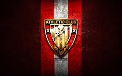 Athletic Bilbao, golden logo, La Liga, red metal background, football, Athletic Bilbao FC, spanish football club, Athletic Bilbao logo, soccer, LaLiga, Spain