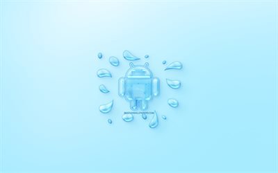Android logo, water logo, emblem, blue background, Android logo made of water, creative art, water concepts, Android