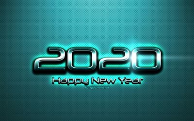 2020 Nouvel An, Turquoise 2020 arri&#232;re-plan, cr&#233;atif 2020 art, M&#233;tallique 2020 fond, lettres en m&#233;tal, bonne et Heureuse Ann&#233;e 2020, turquoise en cuir texture, 2020 concepts