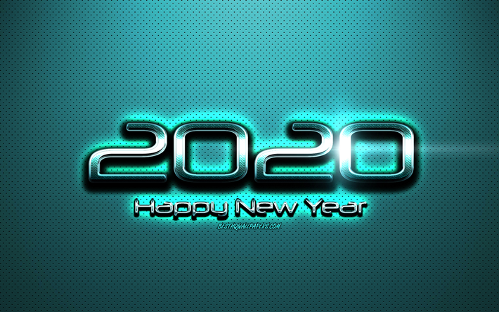 2020 Ano Novo, Turquesa 2020 plano de fundo, criativo 2020 arte, Metalizado 2020 plano de fundo, metal letras, Feliz Ano Novo 2020, textura de couro azul-turquesa, 2020 conceitos
