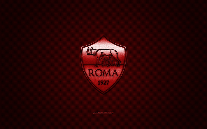 As Roma, Italiano de futebol do clube, Serie A, logo vermelho, vermelho escuro de fibra de carbono de fundo, futebol, Roma, It&#225;lia, COMO Roma logotipo