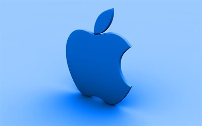 Apple 3D-logotyp, bl&#229; bakgrund, kreativa, Apple, minimal, Apples logotyp, konstverk