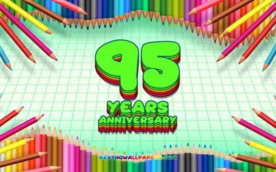 4k, 95 &#176; anniversario segno, colorato, matite telaio, Anniversario, concetto, verde, sfondo a scacchi, 95 &#176; anniversario, creativo, 95 Anni