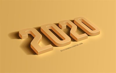 2020 de A&#241;o Nuevo, el a&#241;o 2020 3d fondo dorado, 3d letras de oro, de metal 2020 fondo, feliz nuevo a&#241;o 2020, creativo, arte 3d, 2020 conceptos