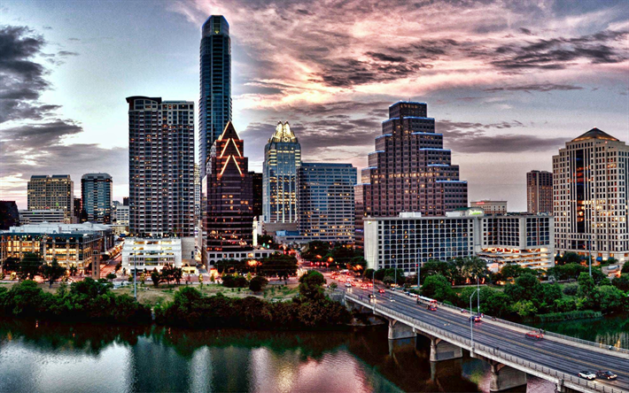 Texas, akşam, G&#252;n batımı, Amerikan şehir Austin, sermaye, g&#246;kdelenler, modern şehir, Şehir, ABD