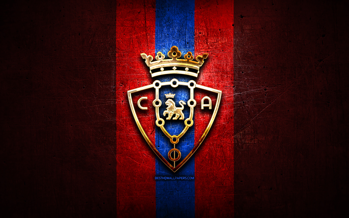 Osasuna, golden logo, La Liga, red metal background, football, CA Osasuna, spanish football club, Osasuna logo, soccer, LaLiga, Spain