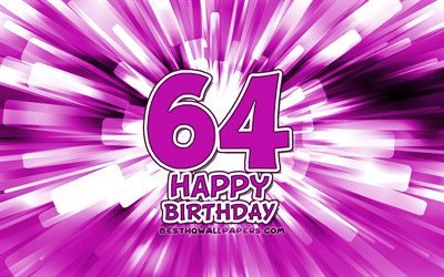 Mutlu 64 doğum günü, 4k, mor soyut ışınları, Doğum günü Partisi, Mutlu, yaratıcı 64 Yıl Doğum günü, 64 Doğum günü Partisi, 64 Doğum günün kutlu olsun, karikatür, Doğum günü kavramı, 64 Doğum günü