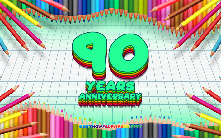 4k, 創立90周年記念サイン, 色鉛筆をフレーム, コンセプト, ターコイズブルーチェッカーの背景, 創立90周年記念, 創造, 90年記念