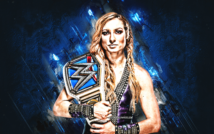 Becky Lynch, Irish wrestler, portrait, WWE, Rebecca Quin, USA, blue stone background, creative art