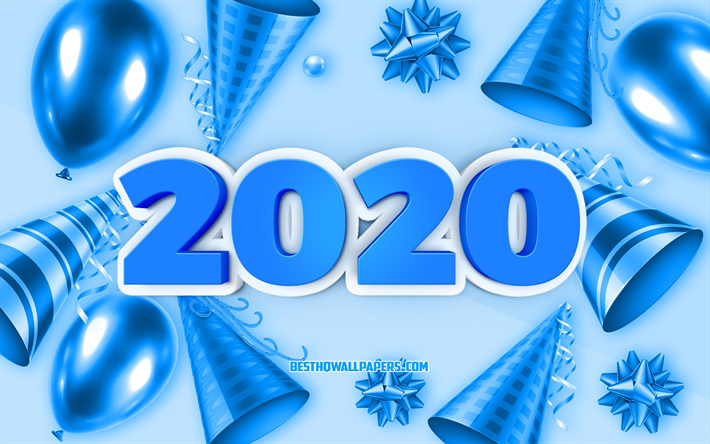 2020 Uusi Vuosi, Sininen 2020 tausta, Hyv&#228;&#228; Uutta Vuotta, 2020 ilmapalloja tausta, Sininen 3D-2020 k&#228;site, 3d kirjaimet, 2020 k&#228;sitteit&#228;