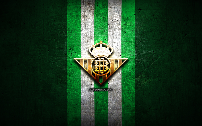 Il Real Betis, logo oro, La Liga, verde, metallo, sfondo, calcio, Real Betis Balompi&#233;, squadra di calcio spagnola, Real Betis logo, LaLiga, Spagna